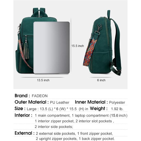 Women's Dark Green Suede Style Backpack Designer 15.6 inch PU Leather Laptop Bag - Picture 4 of 9